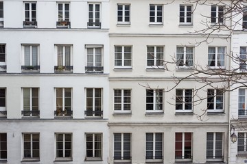 Fototapeta na wymiar Facade of two big white houses in Paris, France