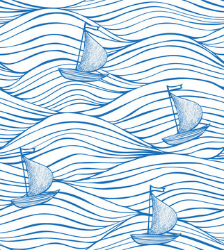 Seamless Pattern with White Boats and Waves. Hand Drawn Graphic Background for Surface Design Print Card Banners Web. Illustration