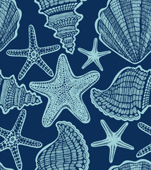 Dark Navy Blue Shell and Starfish Seamless Pattern. Graphic Sea Background in Hand Drawn Style for Surface Design Banner Web. Vector Illustration