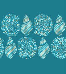 Dark Shell Seamless Pattern. Graphic Sea Background in Hand Drawn Style for Surface Design Banner Web. Vector Illustration