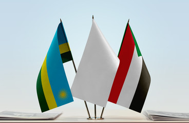 Flags of Rwanda and Sudan with a white flag in the middle