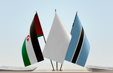 Flags of Sahrawi Arab Democratic Republic and Botswana with a white flag in the middle