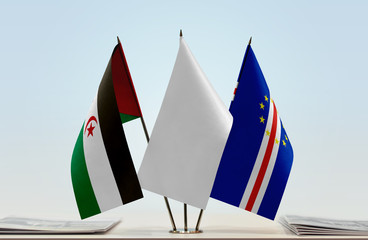Flags of Sahrawi Arab Democratic Republic and Cape Verde with a white flag in the middle
