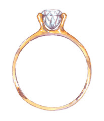 Single big golden ring with diamond on top painted in watercolor on clean white background - 192425841