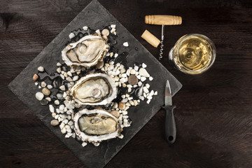 Overhead photo of oysters with wine, knife, and copy space
