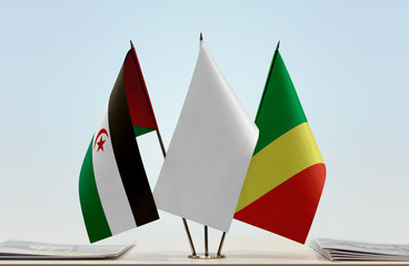 Flags of Sahrawi Arab Democratic Republic and Republic of the Congo with a white flag in the middle