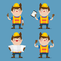 Cute Male Construction Worker 4 action set, Flat Vector Style Character.