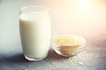 Sesame seed milk in glass and sesame seeds on grey concrete background with copy space. Raw food diet. Vegan concept
