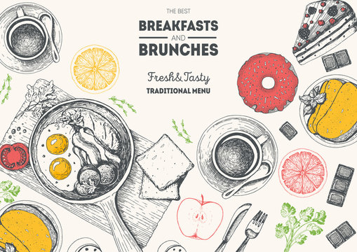 Breakfasts and brunches top view frame. Food menu design. Vintage hand drawn sketch vector illustration. Engraved style image. Traditional breakfast.