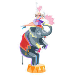 Circus girl and an elephant with a fan on a pedestal. Vector illustration on white background.