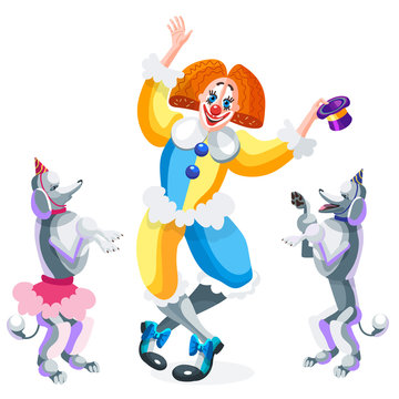 Clown and circus dogs. Poodles with caps on their heads look at the clown who holds the hat in his hand. Vector illustration on white background