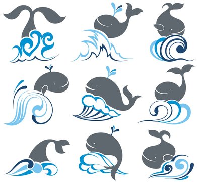 Collection with abstract symbols of whale and sea wave