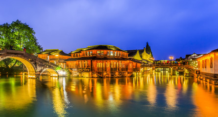 Wuzhen's beautiful rivers and ancient architectural night scenes