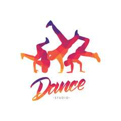 Vector illustration: Color emblem template for Dance Studio with hand lettering and silhouettes of break dancers.