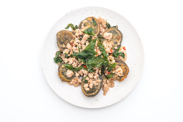 Stir-fried Century Egg and Minced Pork with Holy Basil Leaves