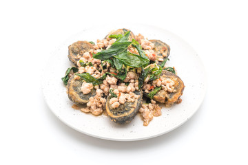 Stir-fried Century Egg and Minced Pork with Holy Basil Leaves