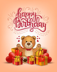 Fototapeta na wymiar Happy birthday card with cute teddy bear and gifts and balloons.Vector greeting card