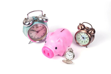 piggy bank and clock in save time concept