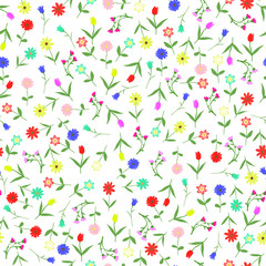 Seamles hand drawn floral pattern isolated on white background vector illustration. Many random flowers, many colors. Early spring or summer flowers set.