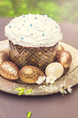 Easter cake and eggs.  Easter table decoration.