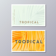 Tropical florals and foliage, botanical, bohemian business card templates. Minimalist wedding postcard design. Palm leaves decoration.