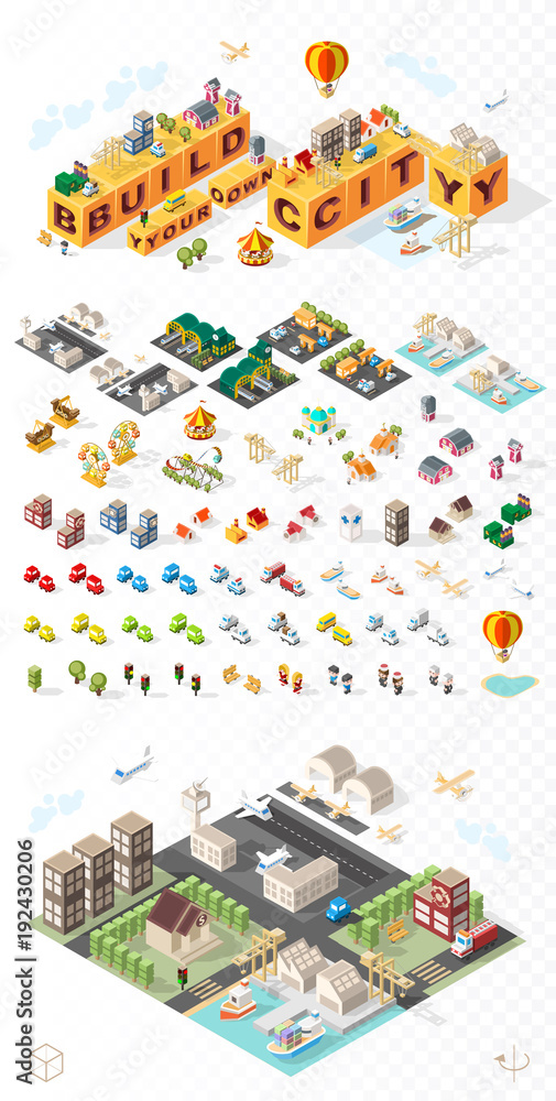 Poster build your own city . set of isolated minimal city vector elements on transparent background
