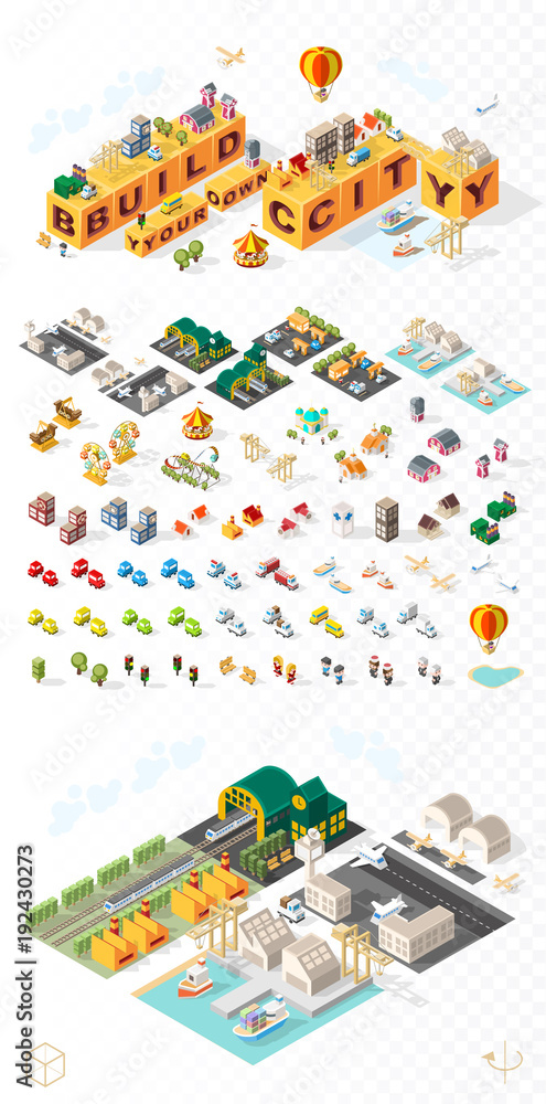 Poster build your own city . set of isolated minimal city vector elements on transparent background
