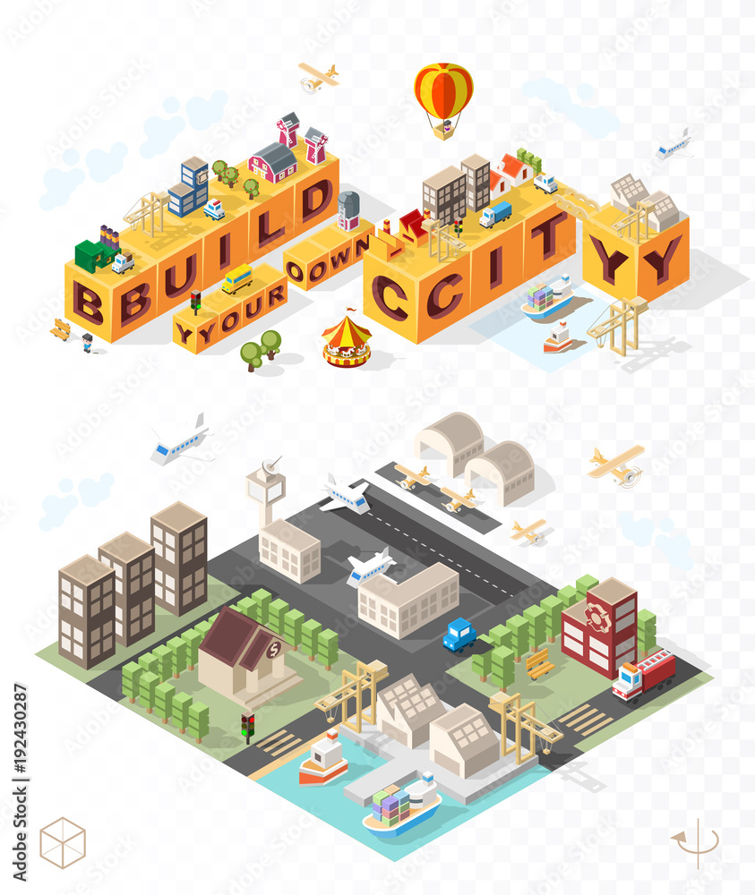 Poster build your own city . set of isolated minimal city vector elements on transparent background