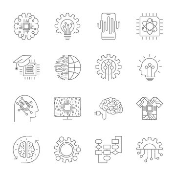 Modern flat editable vector line icons of future technology - neural network, AI, quantum technologies for graphic and web design.