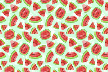 Trendy fruit pattern. Artistic Watermelon background. Watercolor watermelon seamless pattern. Hand painted texture with summer fruit on white background. Healthy food wallpaper design, juice label.