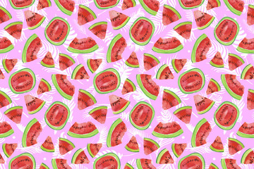 Trendy fruit pattern. Artistic Watermelon background. Watercolor watermelon seamless pattern. Hand painted texture with summer fruit on white background. Healthy food wallpaper design, juice label.
