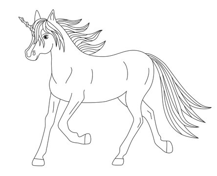 beautiful magical running unicorn, coloring page