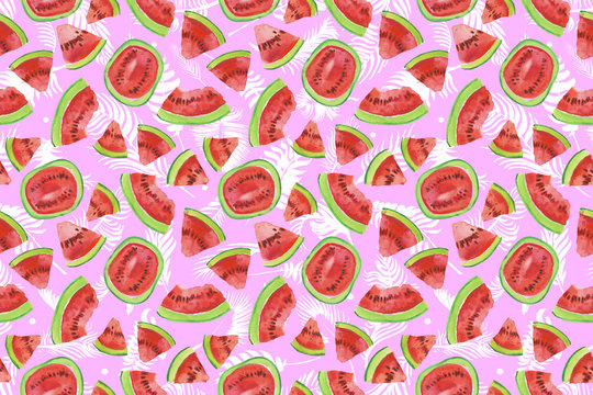 Trendy fruit pattern. Artistic Watermelon background. Watercolor watermelon seamless pattern. Hand painted texture with summer fruit on white background. Healthy food wallpaper design, juice label.