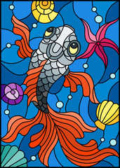Illustration in stained glass style with a fish on a background of shells and water