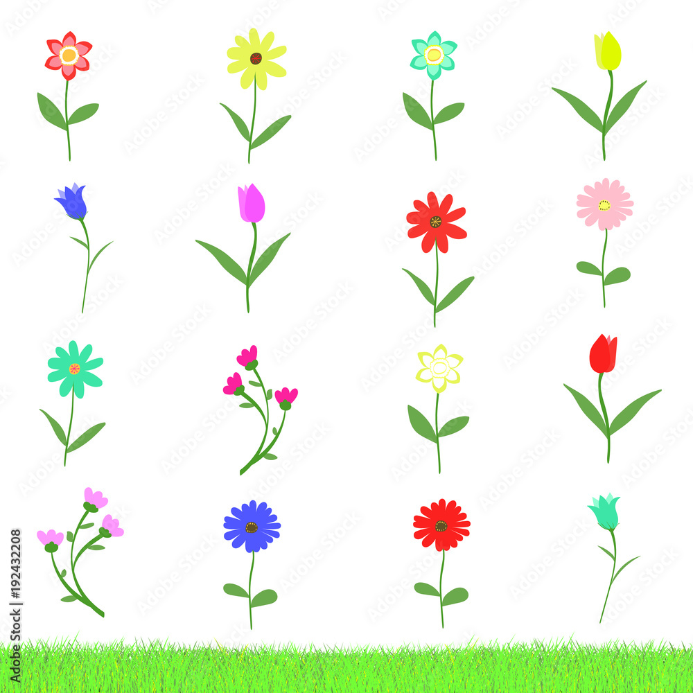 Poster set of many variation of flowers isolated on white background with grass sample vector illustration.
