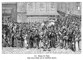 Procession of the Catholic League in the Ile de la Cite, Paris, 4 February 1593, in demonstration against the coronation of Henry IV (from Spamers Illustrierte Weltgeschichte, 1894, 5[1], 668)