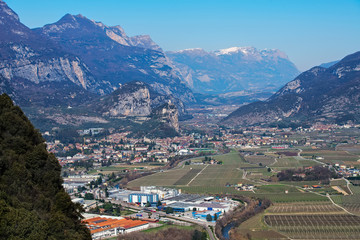 View on the valley, vineyards and snowy mountains in the distance, Italy, Alto Adige