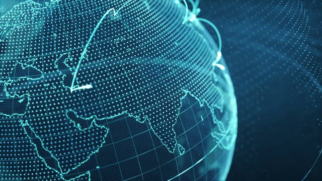 particle world with a growing global network - blue close-up loop.