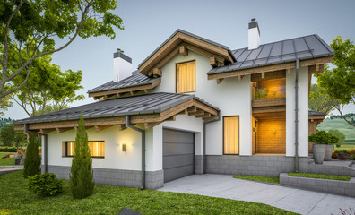 3d rendering of modern cozy house in chalet style