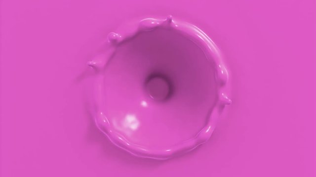 4k pink paint drop falling in slow motion in pink paint and making beautiful crown splash, top view (uhd 3840x2160, ultra high definition, 1920x1080, 1080p)