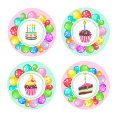 Balloons and cakes. Happy birthday! Vector clipart.