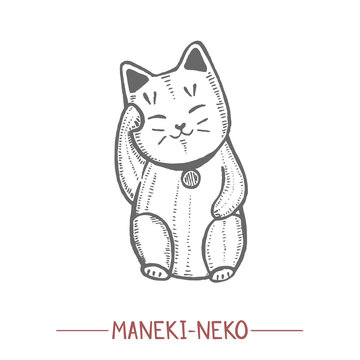 Maneki Neko. Cat Doll in Hand Drawn Style for Surface Design Fliers Prints Cards Banners. Vector Illustration 