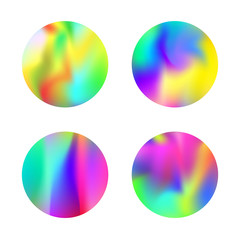 Gradient round set with holographic mesh. Futuristic abstract gradient round set backdrops. 90s, 80s retro style. Pearlescent graphic template for brochure, flyer, poster, wallpaper, mobile screen.
