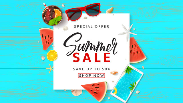 Summer Sale promo web banner. Top view on sun glasses, watermelon pieces, cocktail, smartphone, orange and seashells on wooden texture. Vector illustration with spesial discount offer.