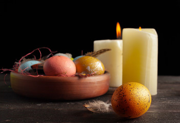 Happy easter! Easter eggs on wooden background