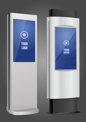 Two Promotional Interactive Information Kiosk, Advertising Display, Terminal Stand, Touch Screen Display. Mock Up Template.