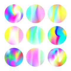 Hologram abstract backgrounds set. Colorful Gradient backdrop with hologram. 90s, 80s retro style. Iridescent graphic template for banner, flyer, cover, mobile interface, web app.