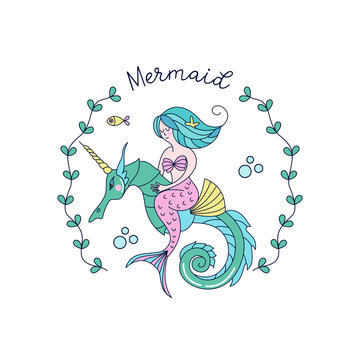 Mermaid, mythological creature. Mermaid riding a sea unicorn.  Vector illustration. Isolated on a white background.