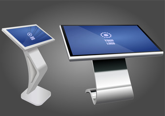 Two Promotional Interactive Information Kiosk, Advertising Display, Terminal Stand, Touch Screen Display. Mock Up Template.