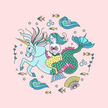Mermaid, mythological creature. Mermaid riding a sea unicorn. Surrounded by sea fish, shells, jellyfish. Vector illustration. Isolated on a white background.